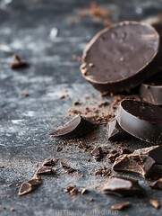 Aufkleber - CloseUp of Crunchy Dark Chocolate Pieces Broken and Displayed on Dark Surface : Generative AI