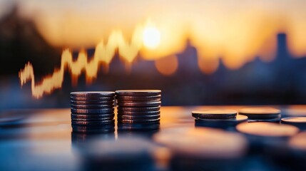 Poster - Close up of coins stacked with a blurry financial graph symbolizing market trends and investment growth : Generative AI