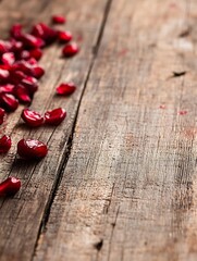 Poster - Fresh pomegranate seeds scattered on a weathered wooden table highlighting natural beauty : Generative AI