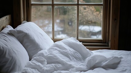 Wall Mural - Cozy bedroom with fluffy white pillows and a large window overlooking a serene winter landscape : Generative AI