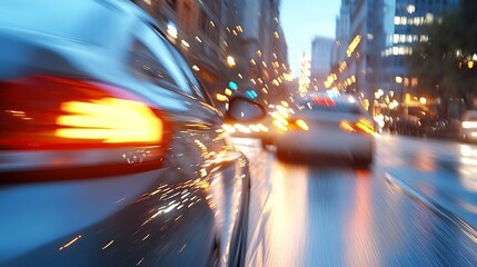 Poster - Dynamic City Scene with Blurred Motion of Cars and Bright Urban Lights at Dusk : Generative AI