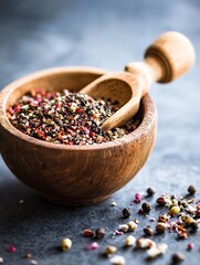 Poster - Spices in Wooden Bowl with Spoon Ready for Culinary Use on Dark Stone Surface : Generative AI