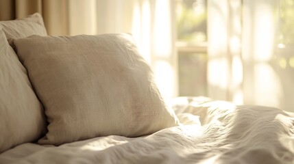 Aufkleber - Warm and Inviting Neutral Pillow Resting Comfortably on a Soft Bed bathed in Soft Natural Light : Generative AI