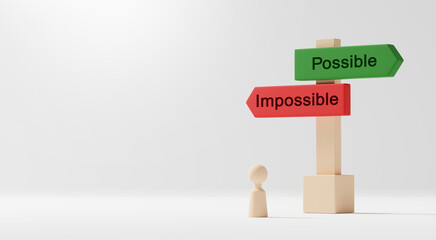 wooden people with signpost with the text possible and impossible 3d render