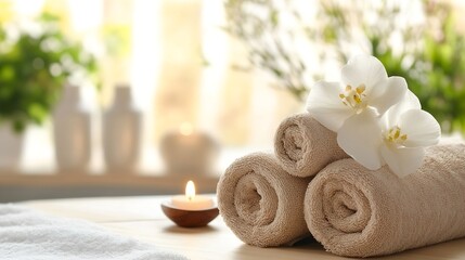 Aufkleber - Relaxing Spa Interior with Rolled Towels and Elegant White Orchids for Wellness : Generative AI