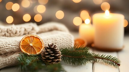 Poster - Aesthetic Winter Arrangement with Orange Slices Pinecones and Candles on Cozy Knit : Generative AI