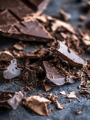 Poster - Close up of broken dark chocolate pieces scattered on a blue background highlighting its rich texture : Generative AI