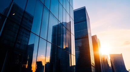 Poster - Stunning reflection of modern skyscrapers in glass panels during sunset : Generative AI