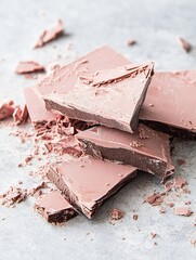 Aufkleber - Deliciously broken chocolate pieces piled high on a soft grey surface with crumbs surrounding them : Generative AI