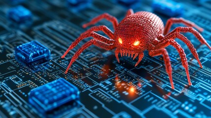 Red Digital Spider Crawling on Circuit Board with Bright Eyes and Complex Technology Background