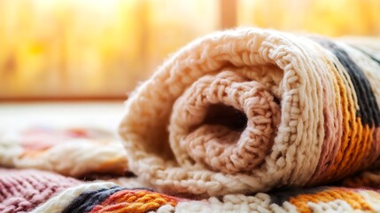Poster - Colorful Rolled Knitted Blanket on a Soft Surface with Natural Light : Generative AI