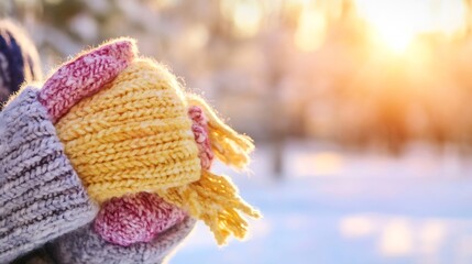 Poster - Cozy Hands Holding a Colorful Scarf in a Winter Wonderland Setting with Golden Sunshine : Generative AI