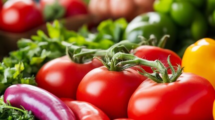 Poster - Fresh ripe tomatoes and colorful vegetables beautifully displayed at a farmer's market : Generative AI