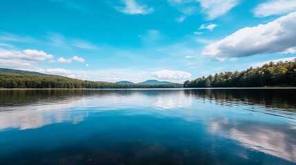 Naklejka na meble Stunning reflection of lush trees and serene skies across a calm lake on a clear sunny day : Generative AI
