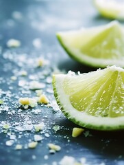 Aufkleber - Freshly cut lime slices garnished with sea salt on a dark surface creating a vibrant and refreshing visual appeal : Generative AI