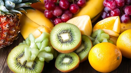 Poster - Fresh colorful fruits including kiwi bananas grapes and oranges arranged on wooden table : Generative AI