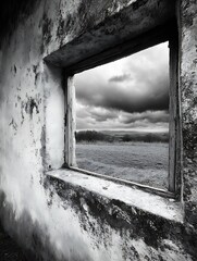 Aufkleber - Black and white photograph capturing an old weathered window with dramatic clouds outside : Generative AI