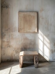 Poster - Minimalist interior design featuring a rustic wooden table and a blank canvas in soft light : Generative AI