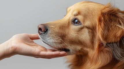 golden retriever receives gentle affection from a human hand in a professional studio setting during