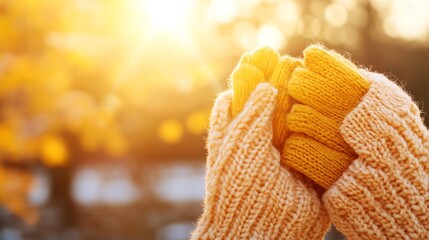 Poster - Cozy Hands Embraced in Colorful Knit Gloves Against Warm Sunset Glow : Generative AI