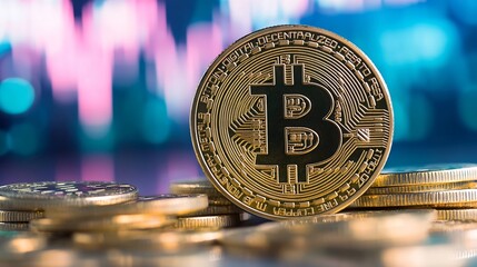 Fototapete - Shiny gold bitcoin placed on a reflective surface with stock market graphs in background representing cryptocurrency investments : Generative AI