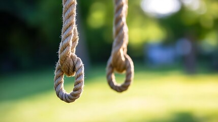 Fototapete - Closeup view of thick ropes hanging from a structure with blurred green background creating a serene ambiance : Generative AI
