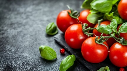 Poster - Fresh ripe red tomatoes and green basil garnished on a rustic stone background for culinary purposes : Generative AI