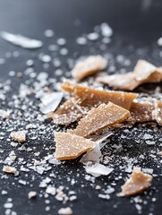 Aufkleber - Close up of broken light brown candy pieces with coarse sugar and salt on a dark background : Generative AI