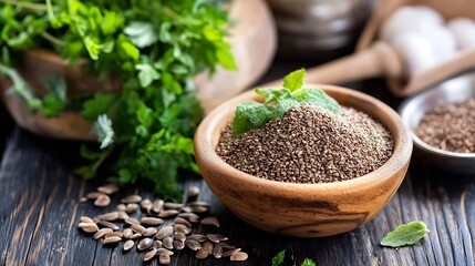 Poster - Freshly Ground Spices and Herbs in Rustic Bowl Surrounded by Ingredients for Culinary Arts : Generative AI