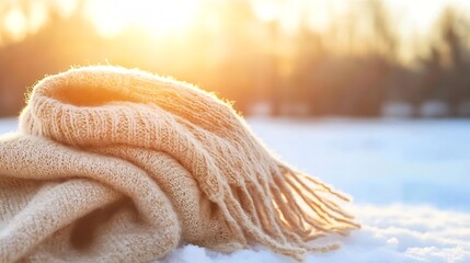 Aufkleber - Soft Cozy Beige Scarf Nestled in Fresh Snow with Beautiful Winter Sunshine : Generative AI