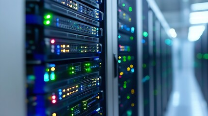 Aufkleber - Data Center with Rack Servers Illuminated by Colorful LED Lights and Cables in a HighTech Setup : Generative AI