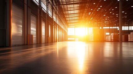 Aufkleber - Spacious industrial warehouse interior glowing with warm sunlight filtering through large windows at sunset : Generative AI