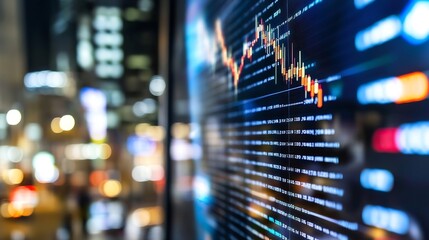 Poster - Modern financial stock market graph displayed in a busy urban setting at night : Generative AI
