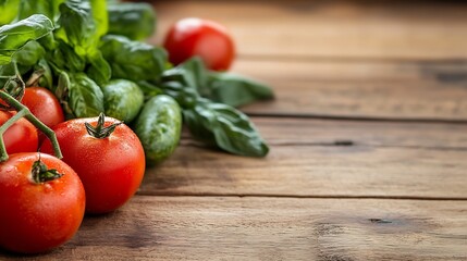 Poster - Fresh tomatoes and cucumbers with vibrant greens on rustic wooden table : Generative AI