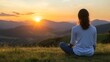 © Generative AI - Person Meditating at Golden Hour with Scenic Mountain Landscape : Generative AI