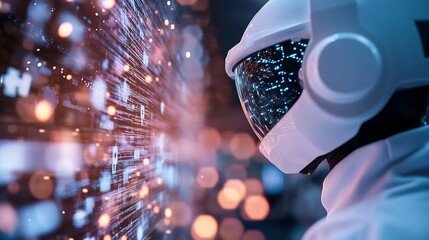 Aufkleber - Futuristic helmeted figure analyzing digital data with a backdrop of bright technology patterns : Generative AI