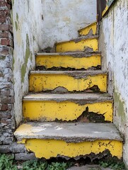 Poster - Weathered Yellow Stairs with Flaking Paint Leading Upwards in an Abandoned Space : Generative AI