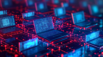 Laptops on Red and Blue Lit Surface
