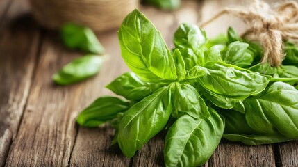 Poster - Lush green basil leaves tied with twine on a wooden table : Generative AI