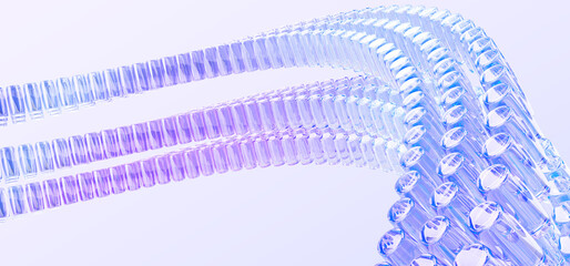 Abstract 3d background with glass curve wave tape effect of rows cylinders render. Holographic gradient crystal light line pattern. Futuristic architecture design, digital tech banner. 3D illustration