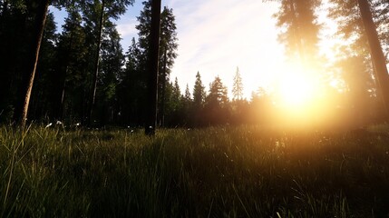 Aufkleber - Enchanting forest scene illuminated by golden sunlight streaming through towering trees and warm grass : Generative AI