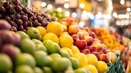 Poster - Vibrant display of assorted fresh fruits including apples lemons and grapes in a market setting : Generative AI