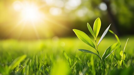 Fototapete - Fresh green plant sprouts in lush field illuminated by warm sunlight during golden hour : Generative AI