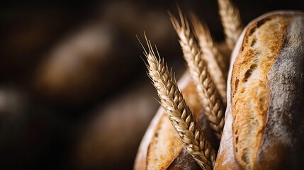 Poster - Artisan Bread with Golden Crust and Decorative Wheat Grain Close Up : Generative AI