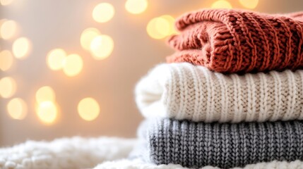 Poster - Warm Cozy Sweaters Stacked Together with Soft Bokeh Background for Seasonal Comfort : Generative AI