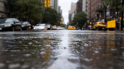 Aufkleber - Urban Rainy Street View with Reflections of Cars and City Lights on a Gloomy Day : Generative AI