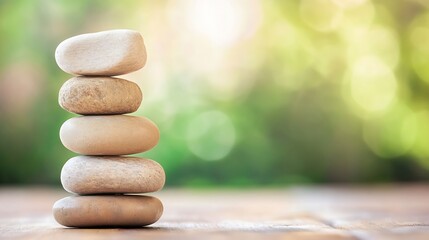 Leinwandbilder - Stacked smooth pebbles in nature representing balance and harmony against a blurred green background : Generative AI
