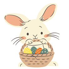Flat vector illustration in a simple children's style. A cute bunny holding a basket of Easter eggs. Vector illustration