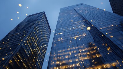 Poster - Stunning view of tall skyscrapers illuminated with lights against a darkening sky in an urban environment : Generative AI