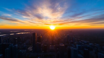 Aufkleber - Stunning Sunset Over Cityscape with Colorful Clouds and Urban Silhouette : Generative AI
